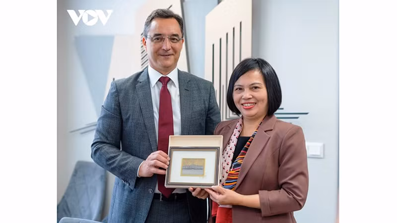 Посол Нгуен Тхи Бить Тхао (справа) встречается с мэром венгерского города Дебрецен Ласло Паппом. Фото: VOV