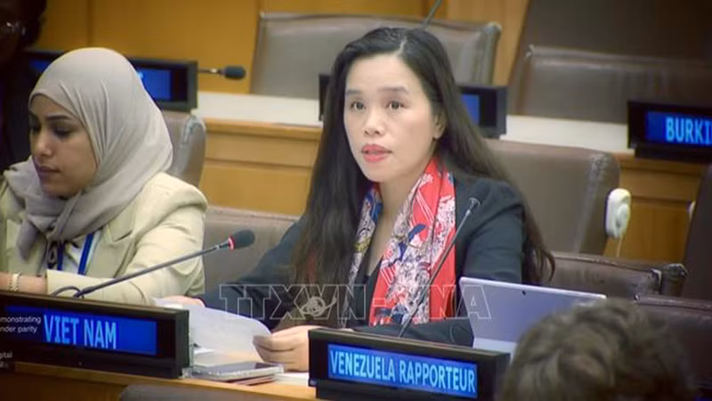 Советник-посланник Ле Тхи Минь Тхоа выступает на дискуссии. Фото: ВИА