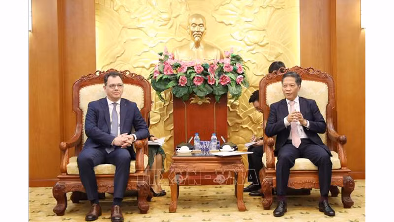 Заведующий Отделом ЦК КПВ по экономическим вопросам Чан Туан Ань (справа) и Министр экономики, предпринимательства и туризма Румынии Штефан-Раду Опря. Фото: ВИА