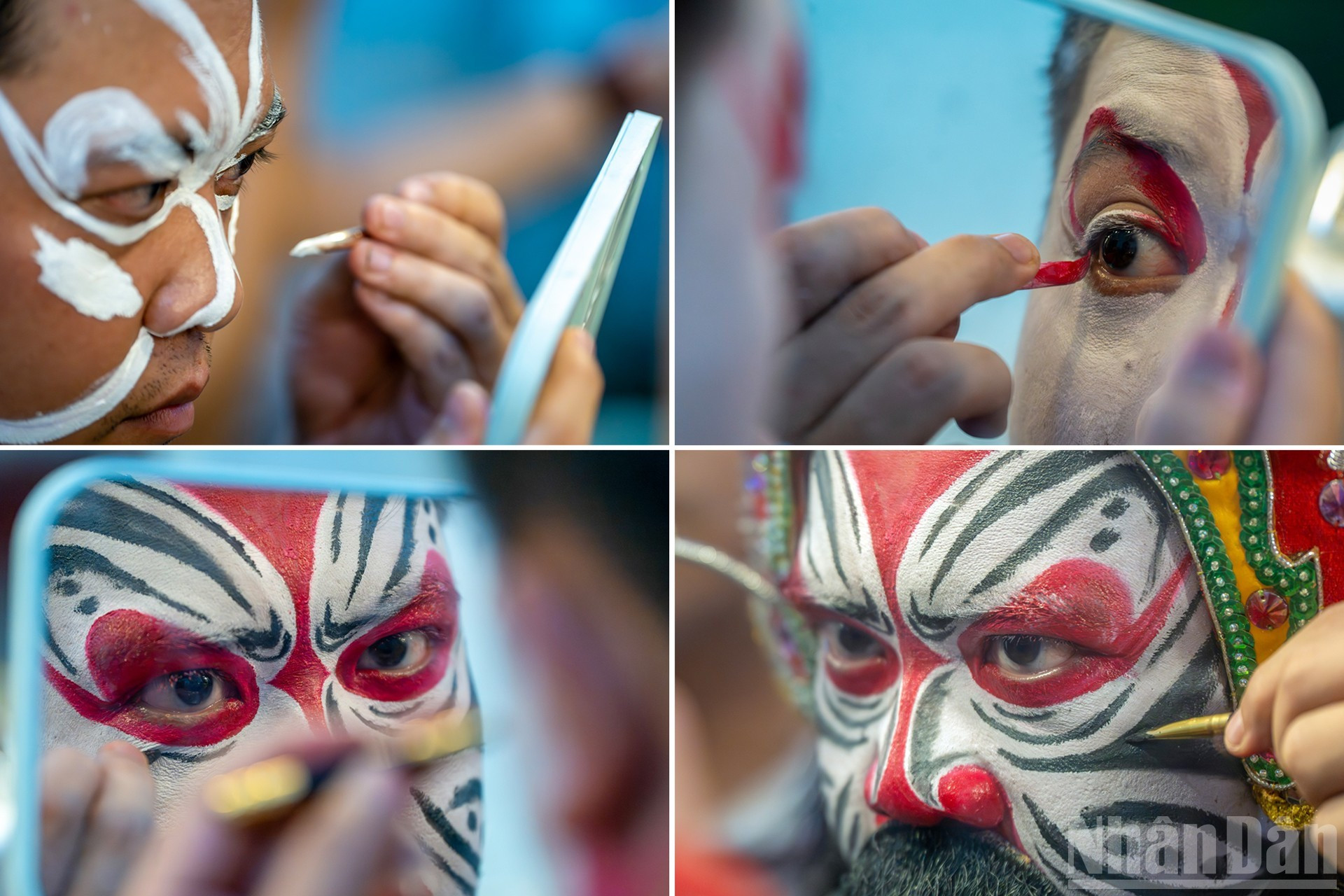 Процесс росписи масок в «туонге» Биньдиня трудоемкий и требует тонкой работы с линиями. Особенность заключается в том, что актер раскрашивает лицо одновременно двумя руками, работая с каждой половиной лица отдельно.