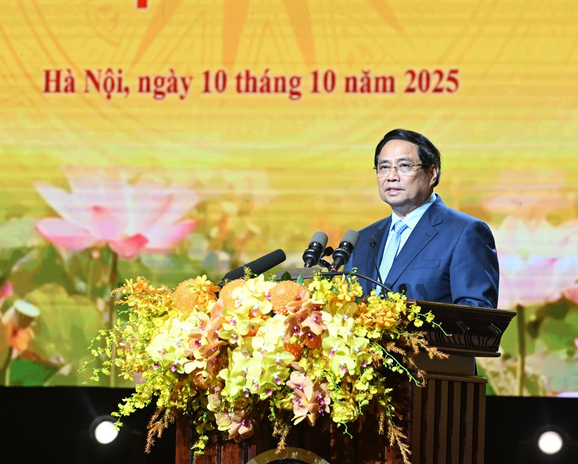 Премьер-министр Фам Минь Тьинь выступает на конференции.