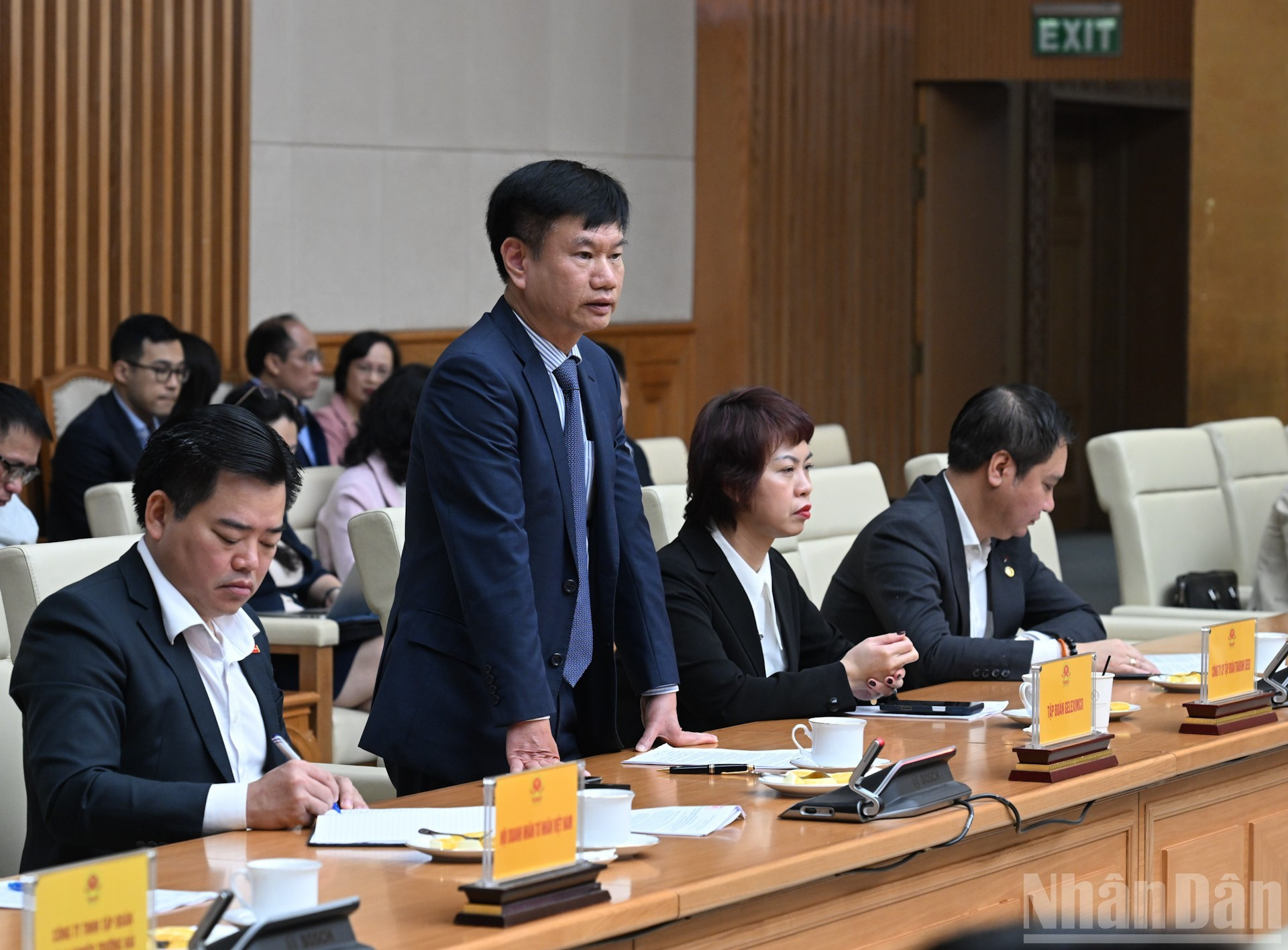 Представитель группы Geleximco выступает на заседании.