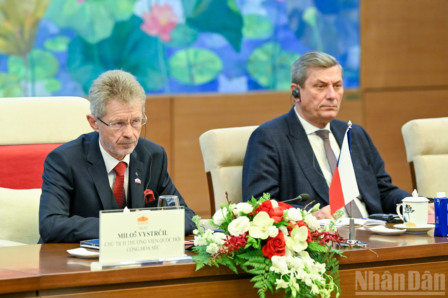 Председатель Сената Чехии Милош Выстрчил выступает на переговорах.