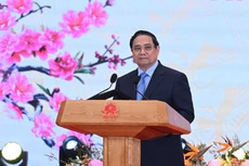 Премьер-министр Фам Минь Тьинь выступает с новогодним поздравлением на приеме. (Фото: Чан Хай)