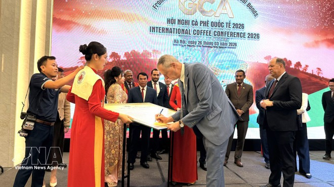 Послы дипломатических миссий во Вьетнаме участвуют в церемонии подписания на Международной кофейной конференции 2026. Фото: ВИА