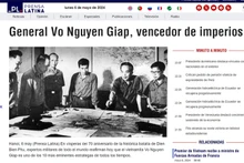 Статья на сайте Prensa Latina, восхваляющая большой вклад генерала армии Во Нгуен Зяпа в победу Дьенбьенфу. Фото с экрана