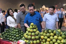 Товарищ Нгуен Чонг Нгиа посещает стенд, представляющий продукты провинции Хажанг.