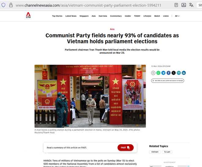 Сайт Channel News Asia (CNA) публикует информацию о выборах во Вьетнаме. (Фото: ВИА)