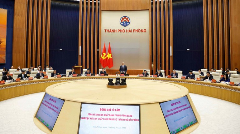 Генеральный секретарь ЦК КПВ То Лам председательствует на рабочей встрече с Исполнительным комитетом парторганизации города Хайфона. (Фото: ВИА)