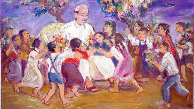 Картина «Дядя Хо и дети» (1973 г.). Художник: Лэ Зюи Ынг