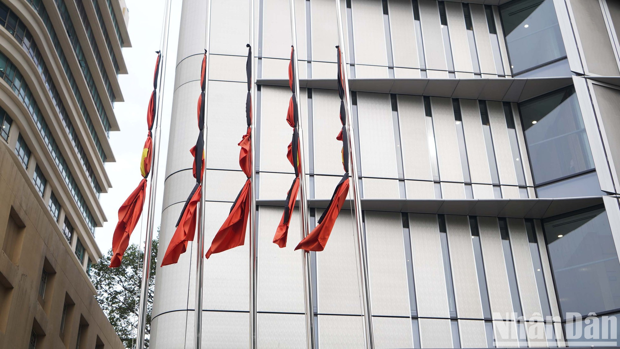 Флаги перевязаны черными траурными лентами.