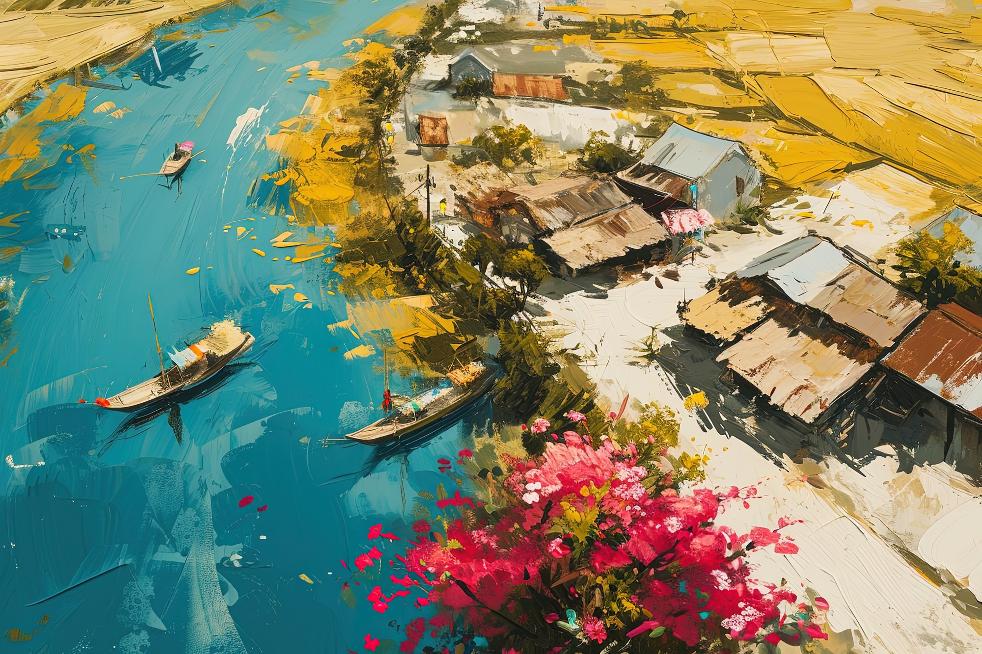 В рисунке дома расположены на берегу тихой реки. Персиковые рощи отбрасывают тени на синюю водную гладь. В рисунке дома расположены на берегу тихой реки. Персиковые рощи отбрасывают тени на синюю водную гладь.