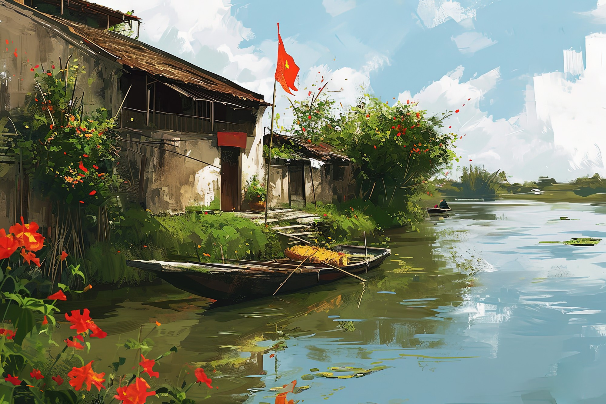 Маленькая бамбуковая лодка, стоящая у причали деревни, заставляет зрителей чувствовать, что они возвращаются в место далеких воспоминаний. Маленькая бамбуковая лодка, стоящая у причали деревни, заставляет зрителей чувствовать, что они возвращаются в место далеких воспоминаний.