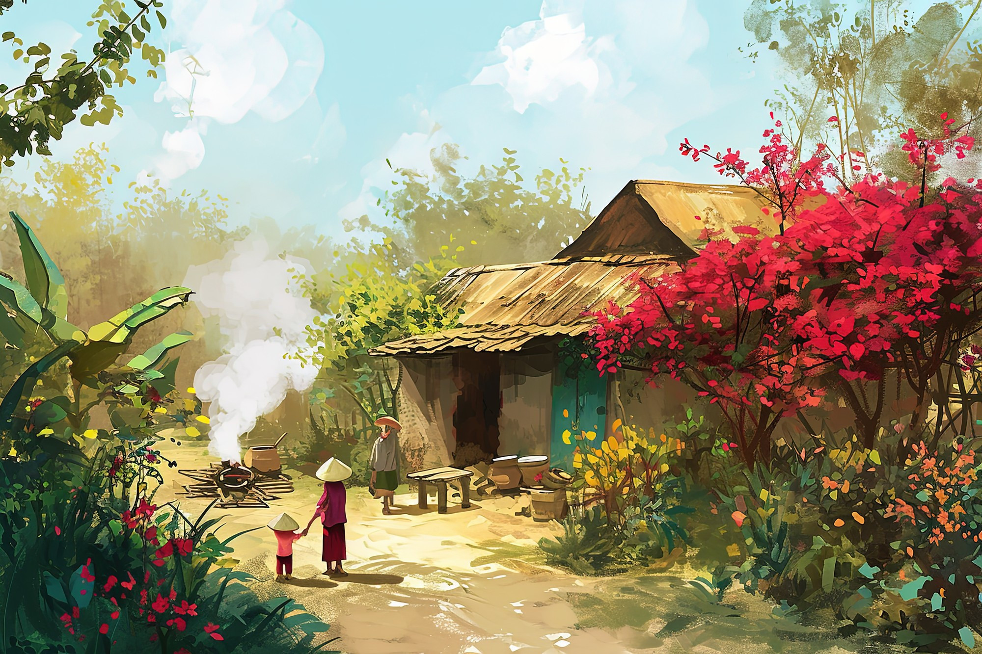 Весна – это также время приближения Тэта. Перед домом будет установлена большая печь. Ароматный дым поднимается над соломенной крышей. Вся семья ожидает, пока не приготовятся пироги «тьынг». Весна – это также время приближения Тэта. Перед домом будет установлена большая печь. Ароматный дым поднимается над соломенной крышей. Вся семья ожидает, пока не приготовятся пироги «тьынг».