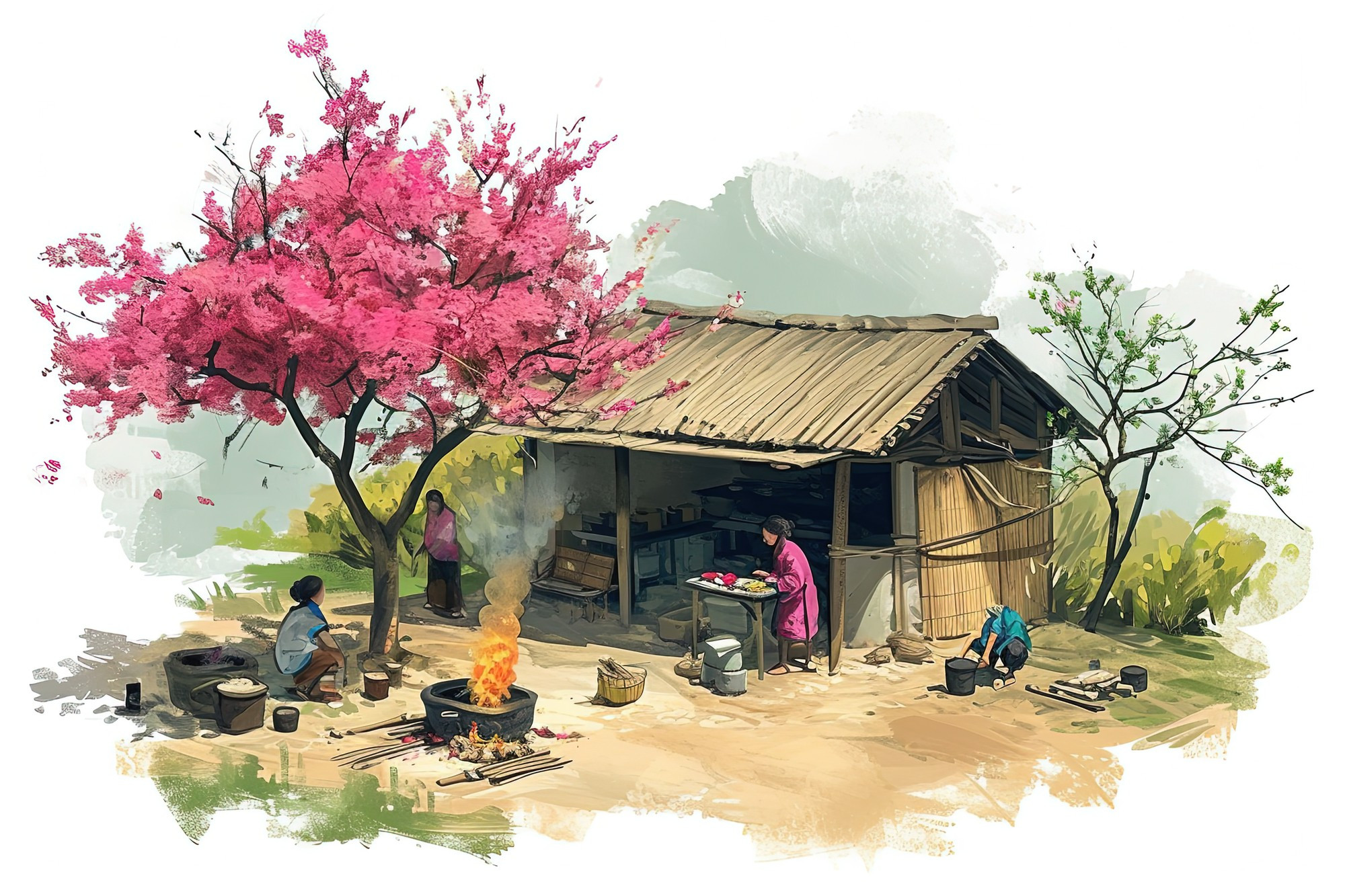 Во время Тэта все члены семьи собираются в доме. По словам автора, посредством этих рисунков он хочет сохранить часть мирных воспоминаний о старых деревнях. Во время Тэта все члены семьи собираются в доме. По словам автора, посредством этих рисунков он хочет сохранить часть мирных воспоминаний о старых деревнях.