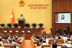 Министр культуры, спорта и туризма Лам Тхи Фыонг Тхань представляет доклад по проекту Резолюции Национального собрания о некоторых прорывных механизмах и политике развития культуры Вьетнама. Фото: ВИА