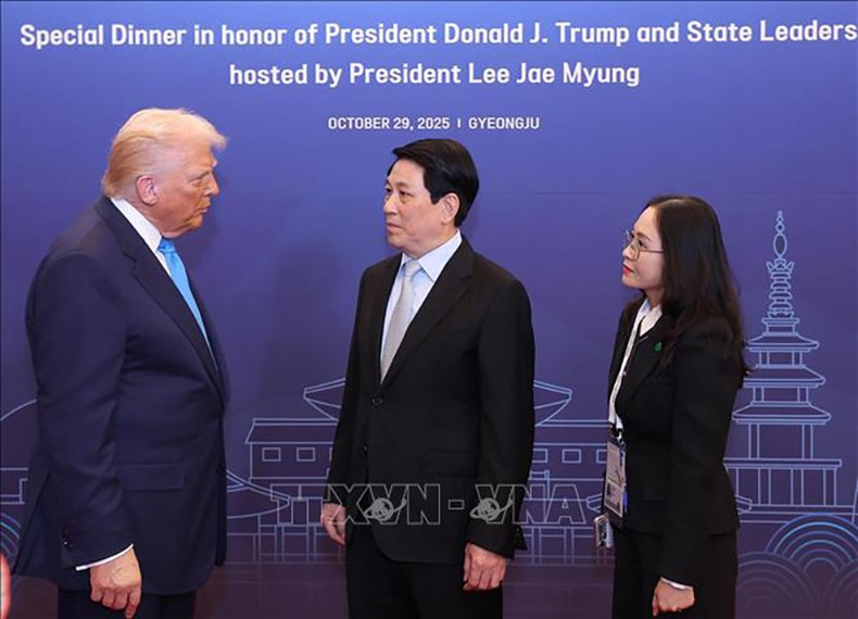 Президент Лыонг Кыонг общается с Президентом США Дональдом Трампом. Фото: ВИА vna-potal-chu-tich-nuoc-du-chieu-dai-chao-mung-cua-tong-thong-han-quoc-stand-4.jpg