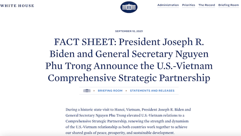 Факт-лист Белого дома о поднятии отношений между Вьетнамом и США на уровень всеобъемлющего стратегического партнерства.