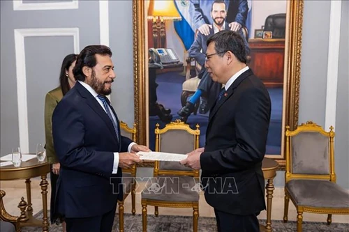 Посол Нгуен Ван Хай вручает верительные грамоты Вице-президенту Сальвадора Феликсу Ульоа. Фото: Канцелярия президента Сальвадора