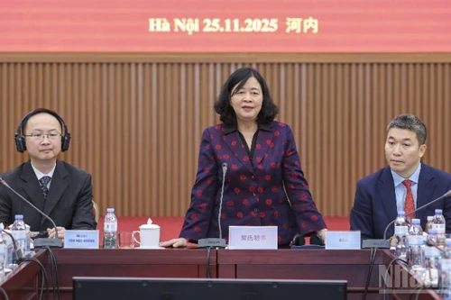 Товарищ Буй Тхи Минь Хоай выступает на приеме. Фото: Динь Хоа