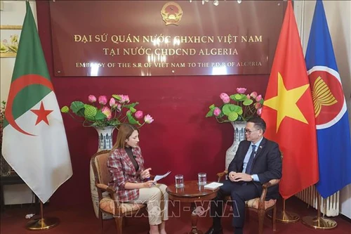 Посол Вьетнама в Алжире Чан Куок Кхань дает интервью алжирскому телеканалу «Elbilad». Фото: ВИА