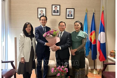 Посол До Хунг Вьет с супругой поздравляет Посла Лаоса Тонгфане Саванпхета с супругой и сотрудников постоянной миссии Лаоса при ООН. Фото: ВИА