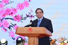 Премьер-министр Фам Минь Тьинь выступает с новогодним поздравлением на приеме. (Фото: Чан Хай)