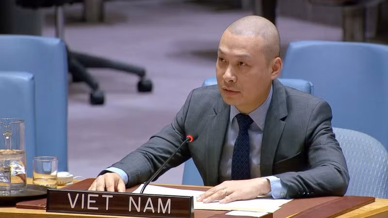Советник Нгуен Хоанг Нгуен, временный поверенный в делах Постоянного представительства Вьетнама при ООН, выступает на дискуссионном заседании. Фото: ВИА