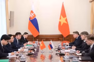 Замглавы МИД Вьетнама Нго Ле Ван и Государственный секретарь МИД Словакии Марек Эшток сопредседательствовали на политических консультациях на уровне заместителей министров иностранных дел Вьетнама и Словакии. Фото: ВИА