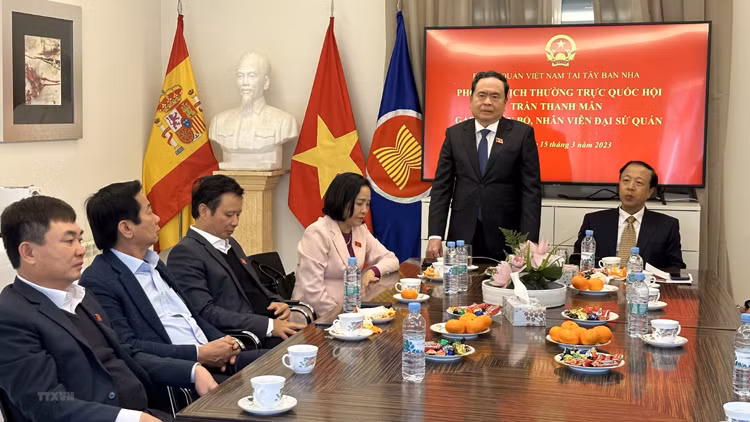 Постоянный зампредседателя НС Чан Тхань Ман беседует с официальными лицами и сотрудниками Посольства Вьетнама в Испании. Фото: ВИА