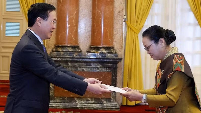 Посол Лаоса Кхамфао Эрнтаван вручает верительные грамоты Президенту Во Ван Тхыонгу. Фото: ВИА