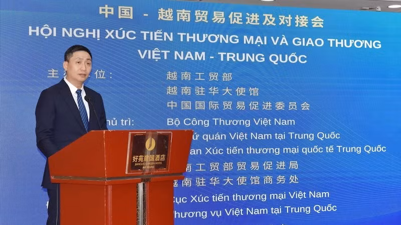 Замдиректора Департамента содействия торговле Министерства промышленности и торговли Вьетнама Хоанг Минь Тьиен выступает на конференции. Фото: ВИА