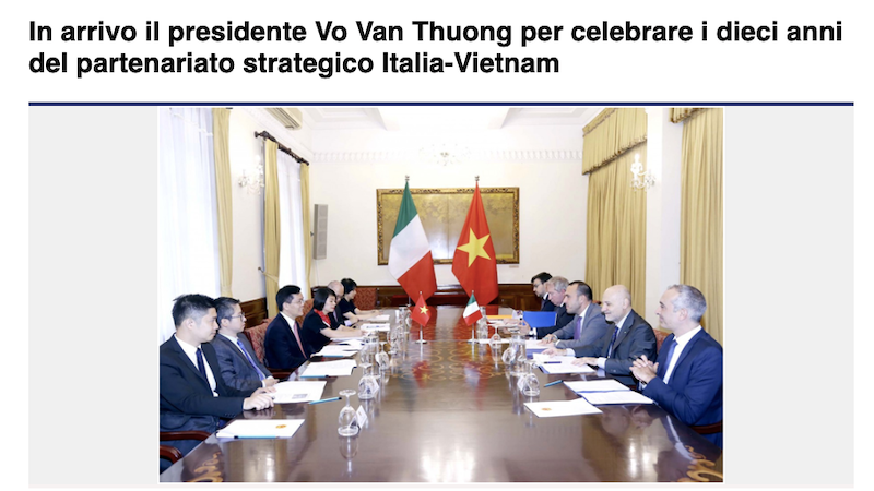 Газета Agenzia Stampa Italia опубликовала статью «Президент Во Ван Тхыонг посетит Италию в связи с 10-й годовщиной установления отношений стратегического партнерства между Италией и Вьетнамом».
