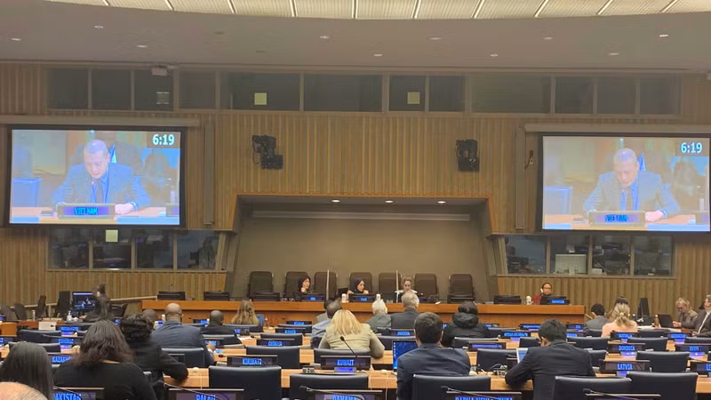 Советник-посланник Нгуен Хоанг Нгуен выступает на заседании. Фото: baoquocte.vn