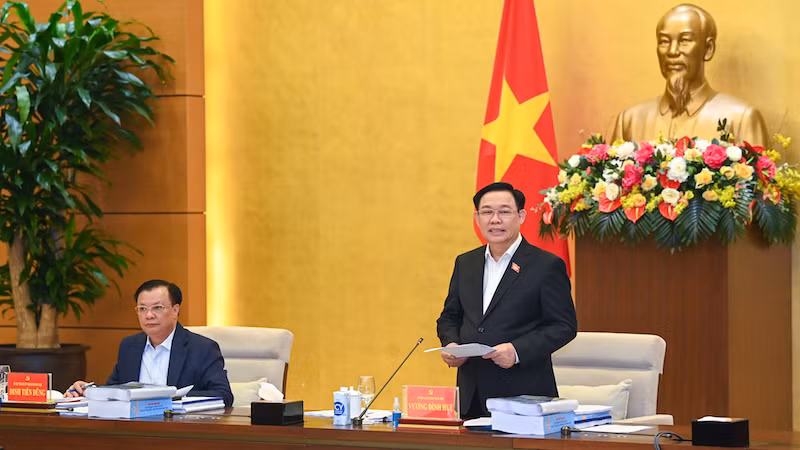 Председатель НС Выонг Динь Хюэ выступает на рабочей встрече. Фото: Зюи Линь