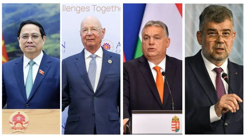 Премьер-министр Фам Минь Тьинь, основатель, Председатель ВЭФ Клаус Шваб, Премьер-министр Венгрии Виктор Орбан, Премьер-министр Румынии Ион-Марчел Чолаку (слева направо).