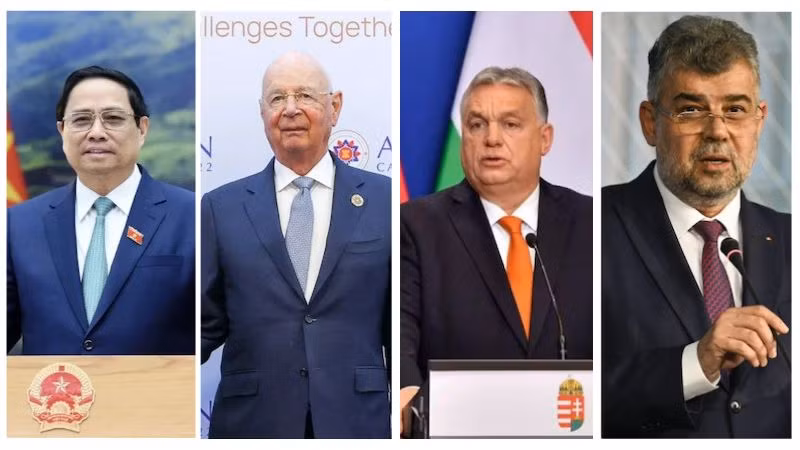 Премьер-министр Фам Минь Тьинь, основатель, Председатель ВЭФ Клаус Шваб, Премьер-министр Венгрии Виктор Орбан, Премьер-министр Румынии Ион-Марчел Чолаку (слева направо).