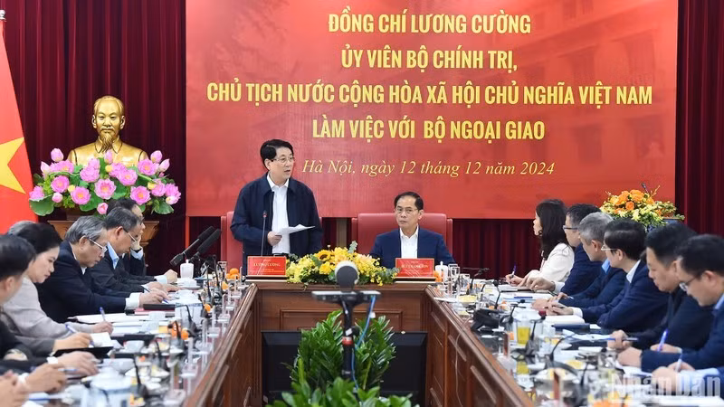 Президент Лыонг Кыонг выступает на рабочей встрече. 