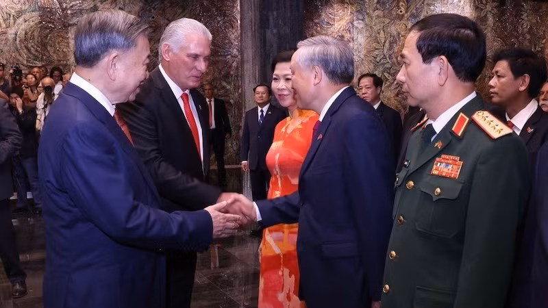 Генеральный секретарь ЦК КПВ, Президент То Лам представляет Первому секретарю КПК, Президенту Кубы Мигелю Диасу-Канелю Бермудесу членов вьетнамской высокопоставленной делегации. Фото: ВИА