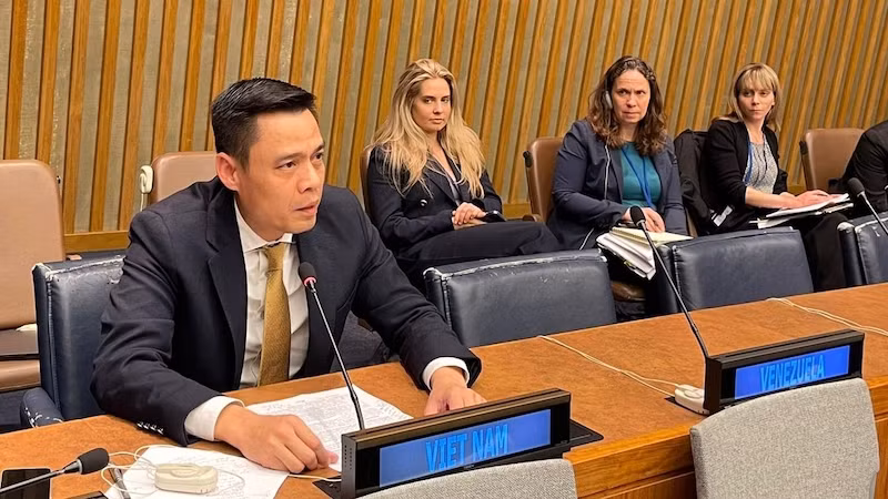 Посол Данг Хоанг Жанг высутпает на заседании. Фото: baoquocte.vn