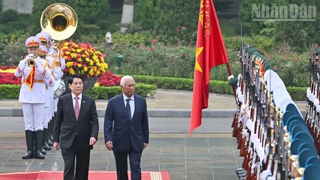 Президент Лыонг Кыонг и Председатель Европейского совета обходят почетный караул ВНА.