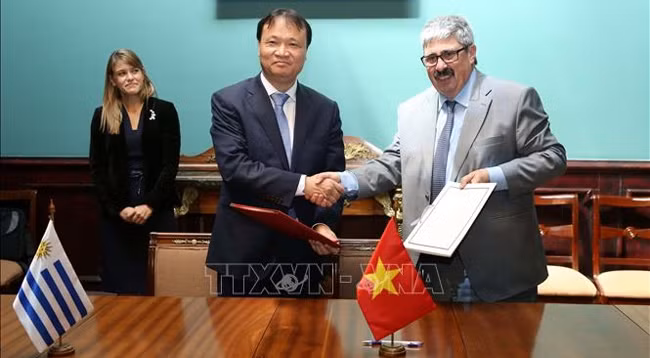Замминистра промышленности и торговли Вьетнама До Тханг Хай (слева) и Замминистра иностранных дел Уругвая Ариэль Бергамино подписали протокол заседания. Фото: VNA