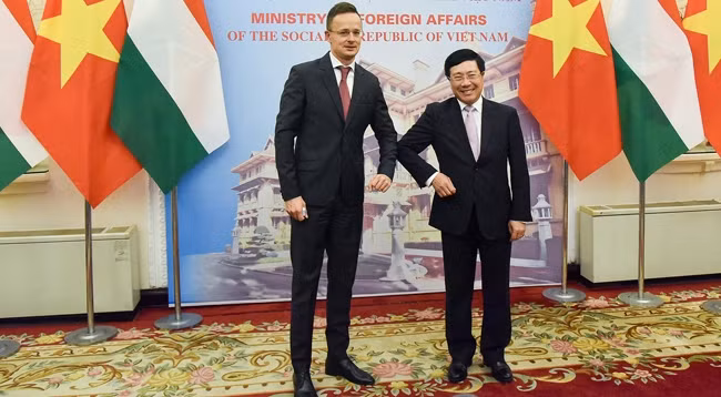 Вице-премьер, Министр иностранных дел Фам Бинь Минь (справа) и Министр внешнеэкономических связей и иностранных дел Венгрии Петер Сийярто. Фото: МИД Вьетнама