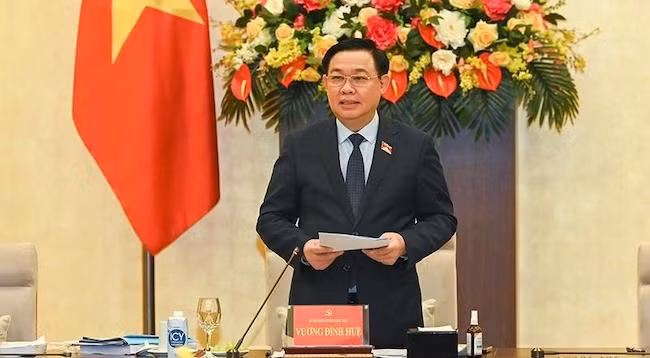 Председатель НС Выонг Динь Хюэ выступает на встрече. Фото: Зюи Линь