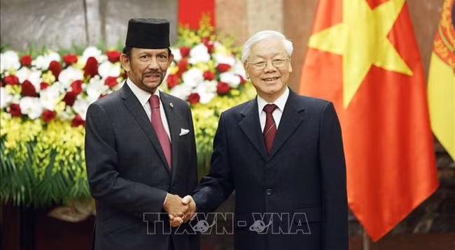 Генеральный секретарь ЦК КПВ, Президент Вьетнама Нгуен Фу Чонг (справа) и Султан Брунея Хаджи Хассанал Болкиах. Фото: VNA
