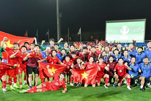 Тренерский штаб и игроки сборной Вьетнама U23 празднуют успех на финальном этапе чемпионата Азии U23 2026 года. (Фото: VFF)