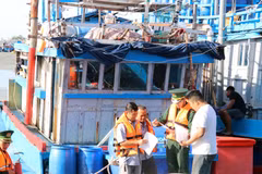 Сотрудники контрольного пункта Пограничной службы Ка На и администрация рыболовного порта Ка На (Кханьхоа) проверяют документы, связанные с судами рыбаков. Фото: ВИА