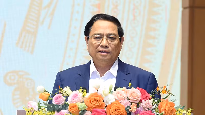 Премьер-министр Фам Минь Тьинь выступает на конференции. 