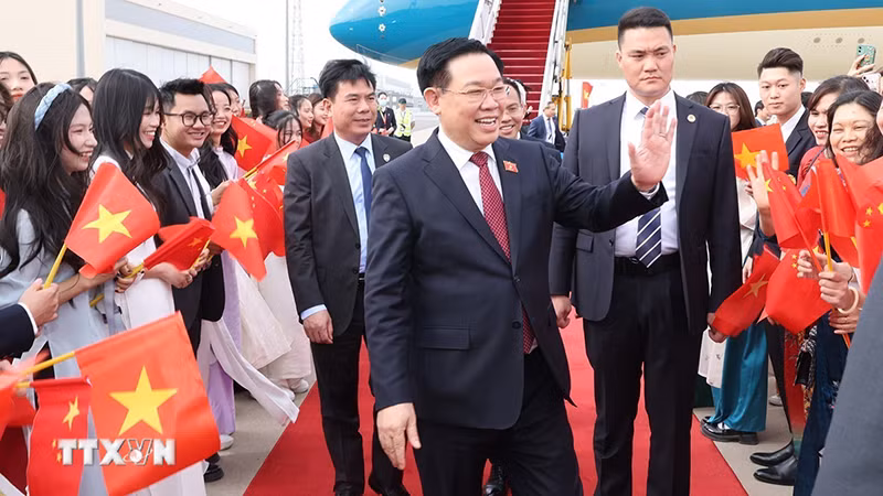 Представители местной вьетнамской диаспоры встречают Председателя НС Выонг Динь Хюэ и вьетнамскую делегацию. Фото: ВИА