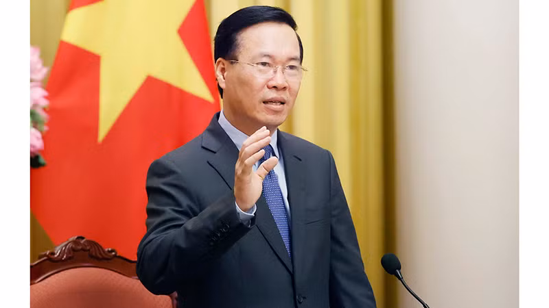 Президент Во Ван Тхыонг выступает на встрече.